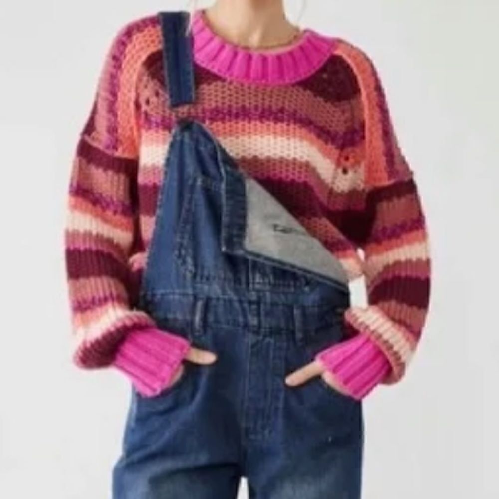 NWT Free People Devon Sweater Fuchsia Rose Crew Neck S Knit Striped Colorful